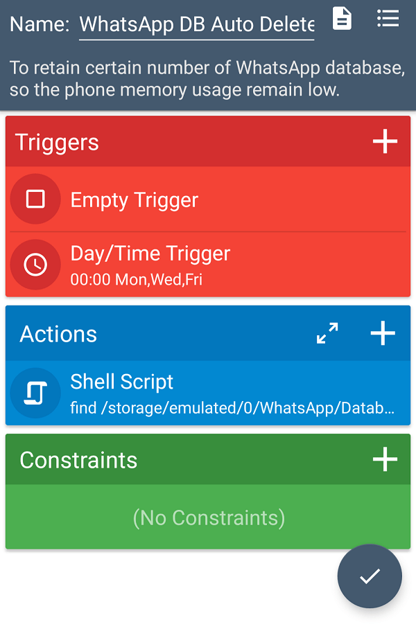 macrodroid auto delete whatsapp db